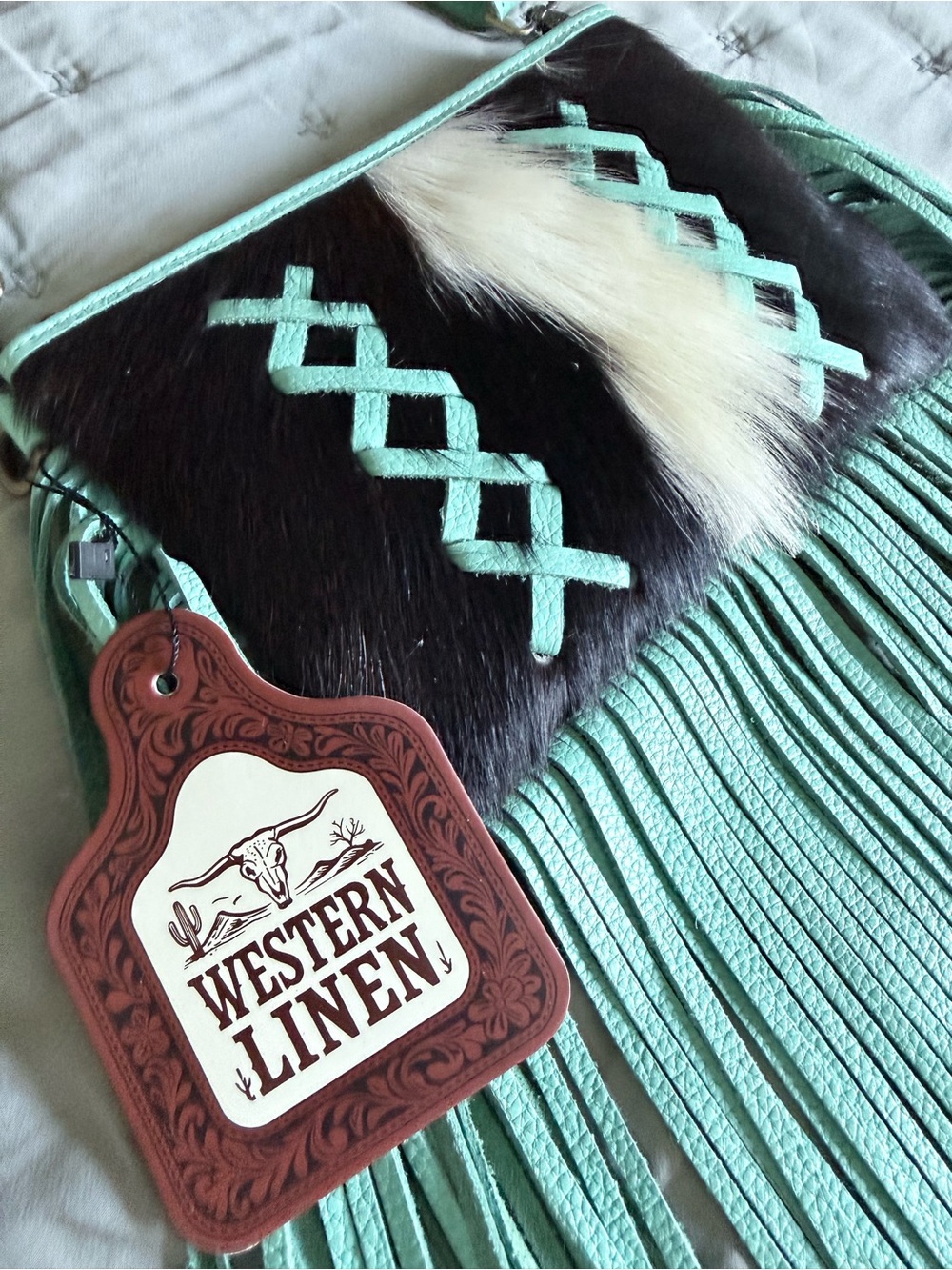 Turquoise Fringe Crossbody Haircalf Leather Festival Cowgirl Crossbody Bag - Picture 6 of 8